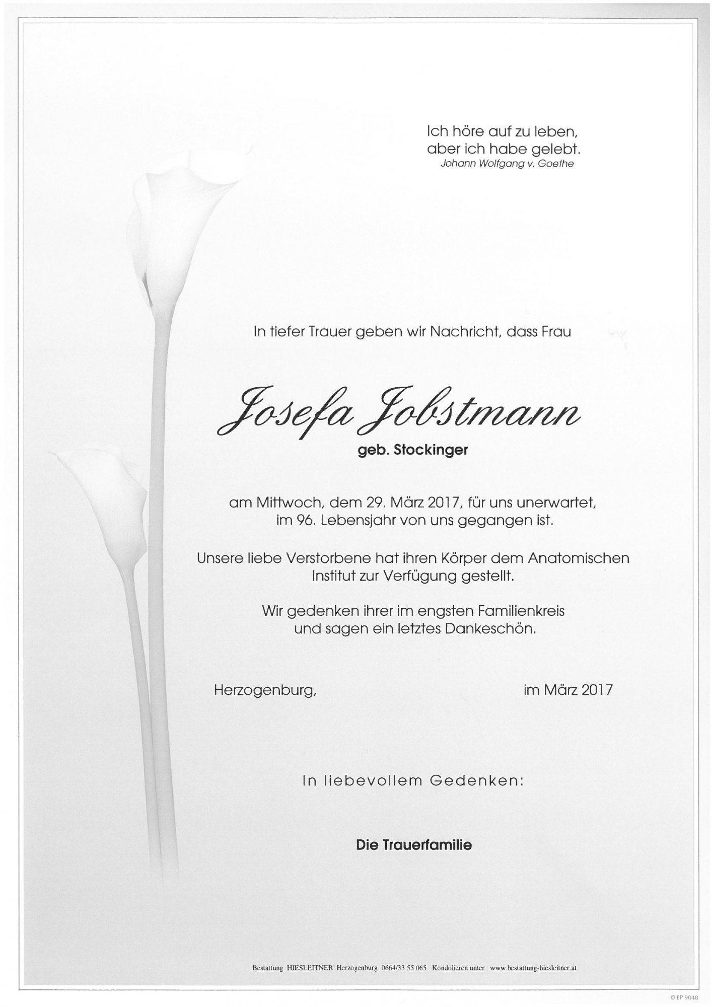 Traueranzeige von Josefa Jobstmann