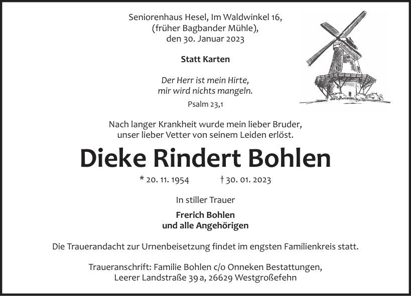 Traueranzeige von Dieke Rindert Bohlen