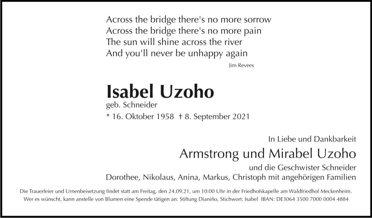 Traueranzeige von Isabel Uzoho