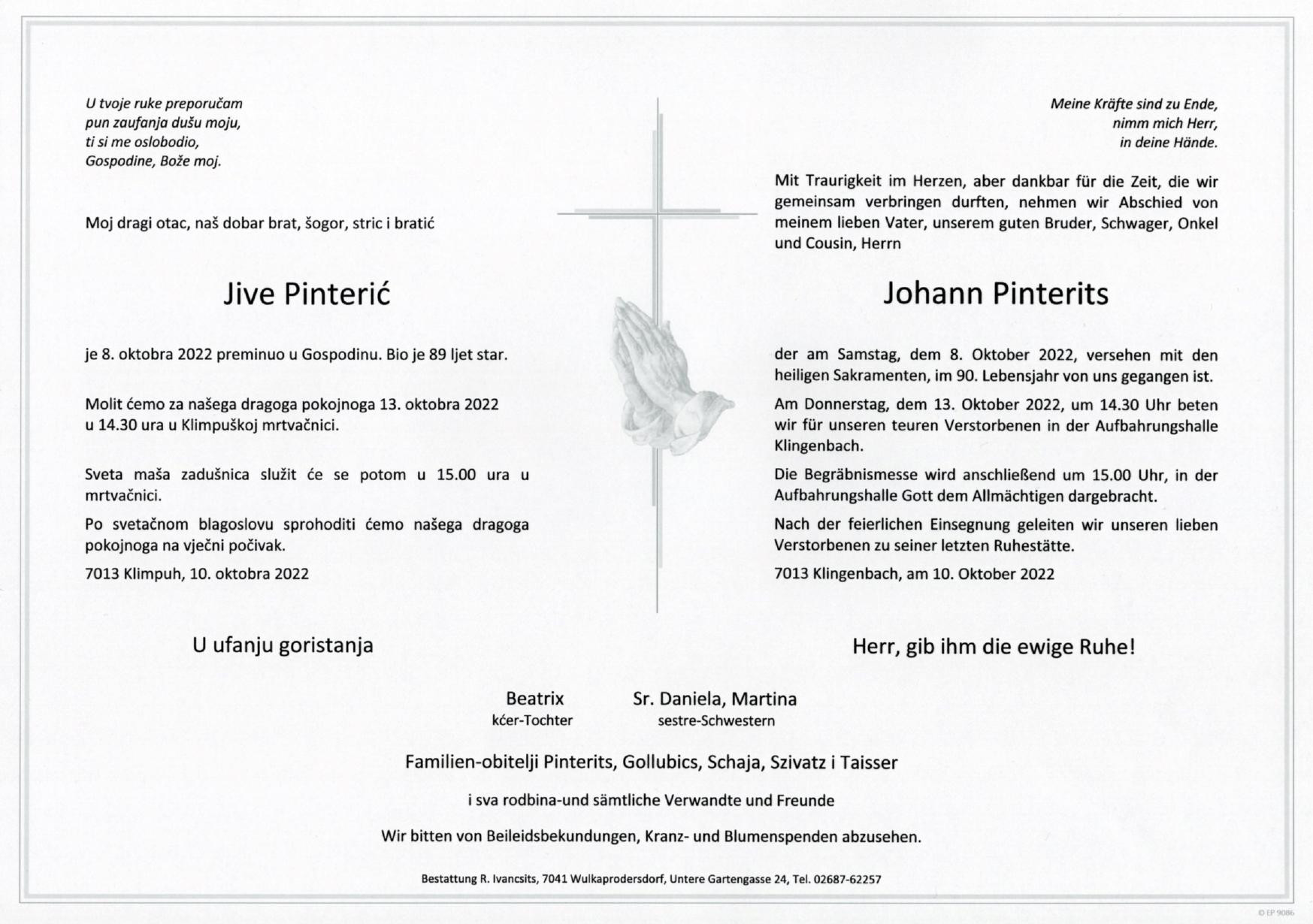 Traueranzeige von Johann Pinterits