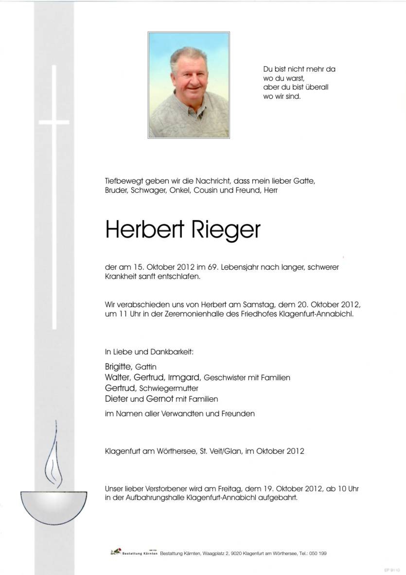 Traueranzeige von Herbert Rieger