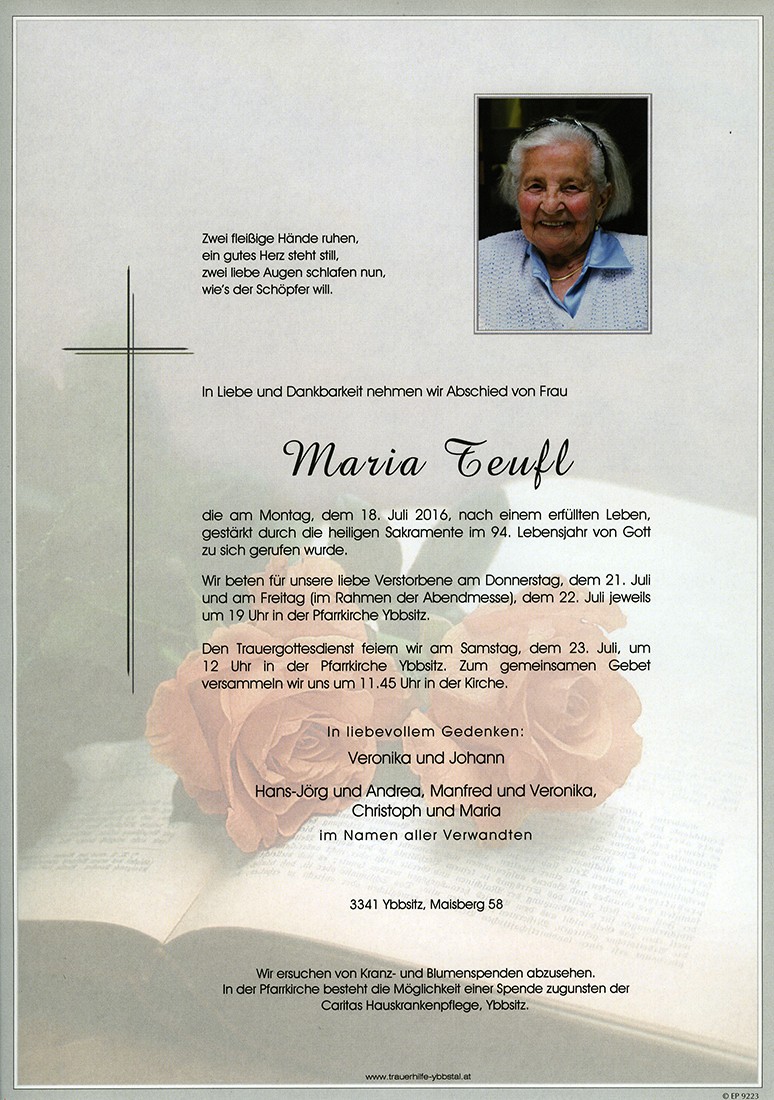 Traueranzeige von Maria Teufl