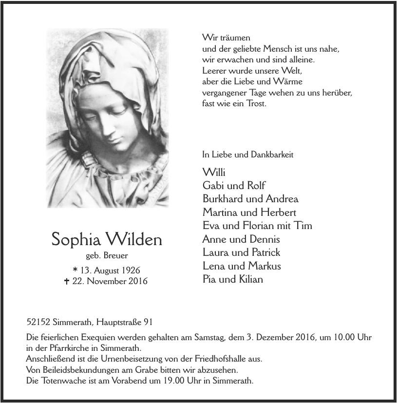 Traueranzeige von Sophia Wilden
