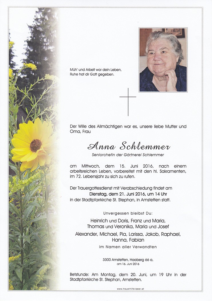 Traueranzeige von Anna Schlemmer