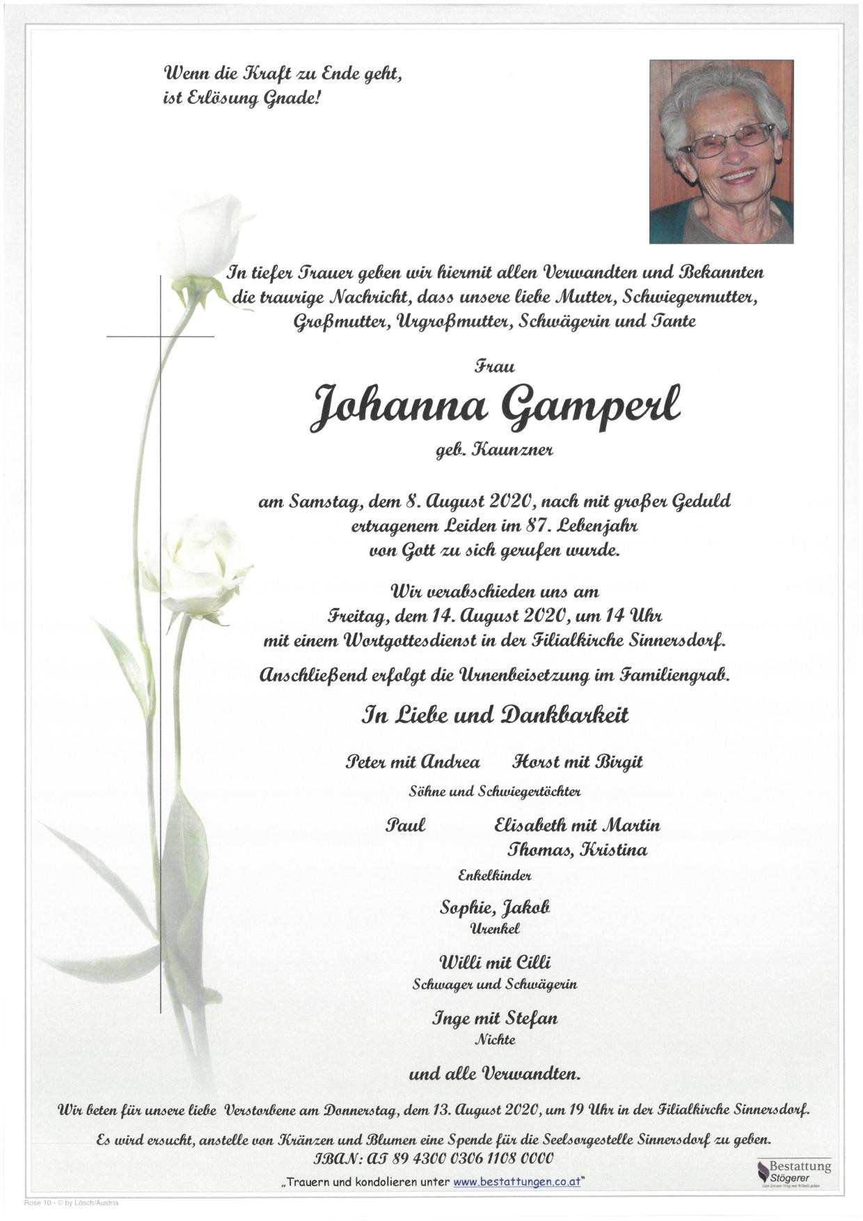 Traueranzeige von Johanna Gamperl