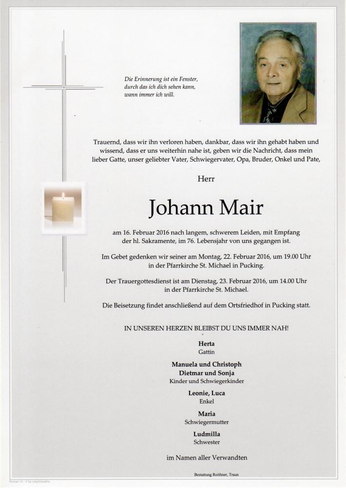 Traueranzeige von Johann Mayr