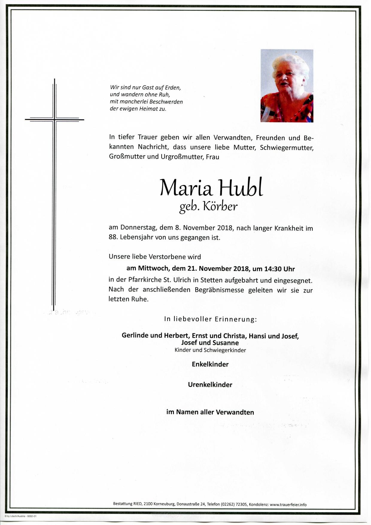 Traueranzeige von Maria Hubl