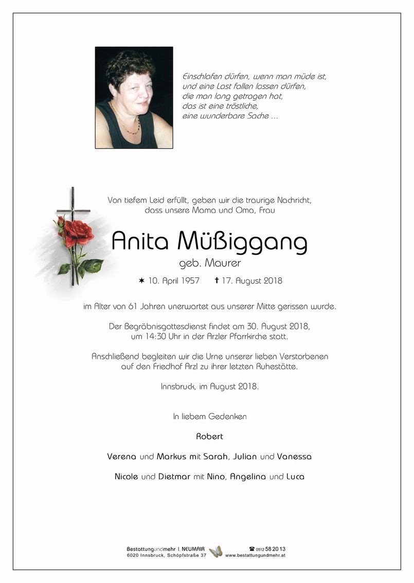 Traueranzeige von Anita Müßiggang