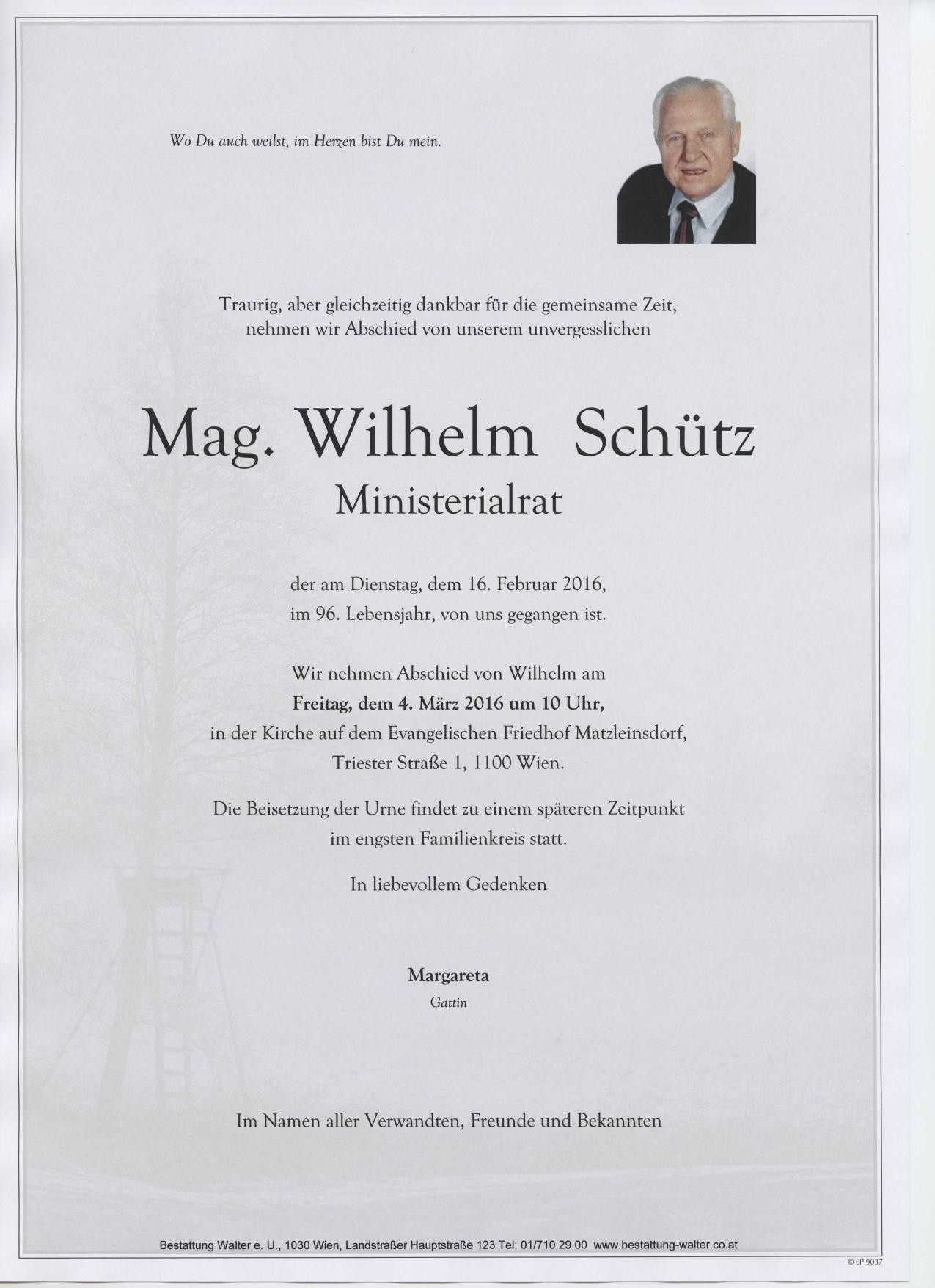 Traueranzeige von Mag. Wilhelm Schütz