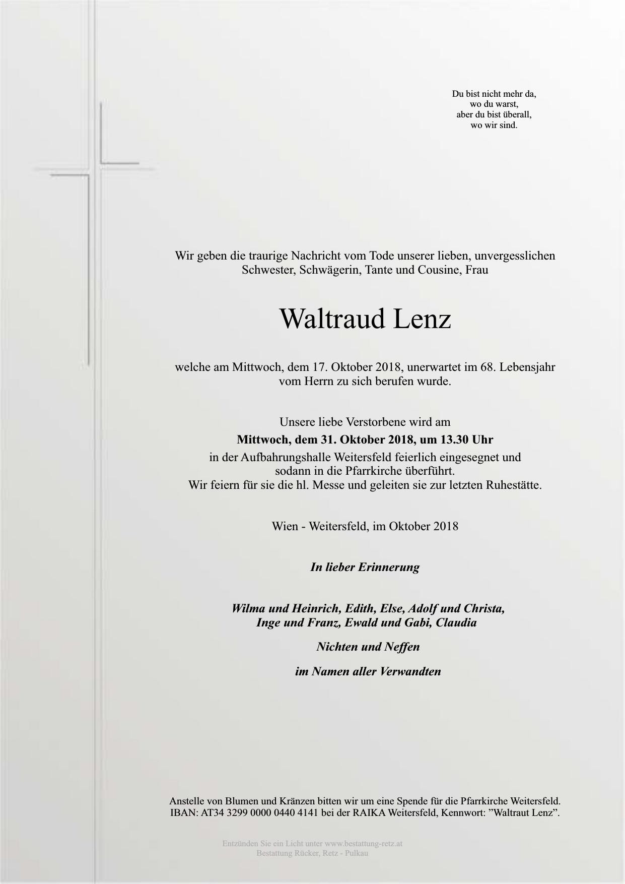 Traueranzeige von Waltraud Lenz