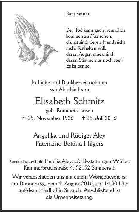 Traueranzeige von Elisabeth Schmitz
