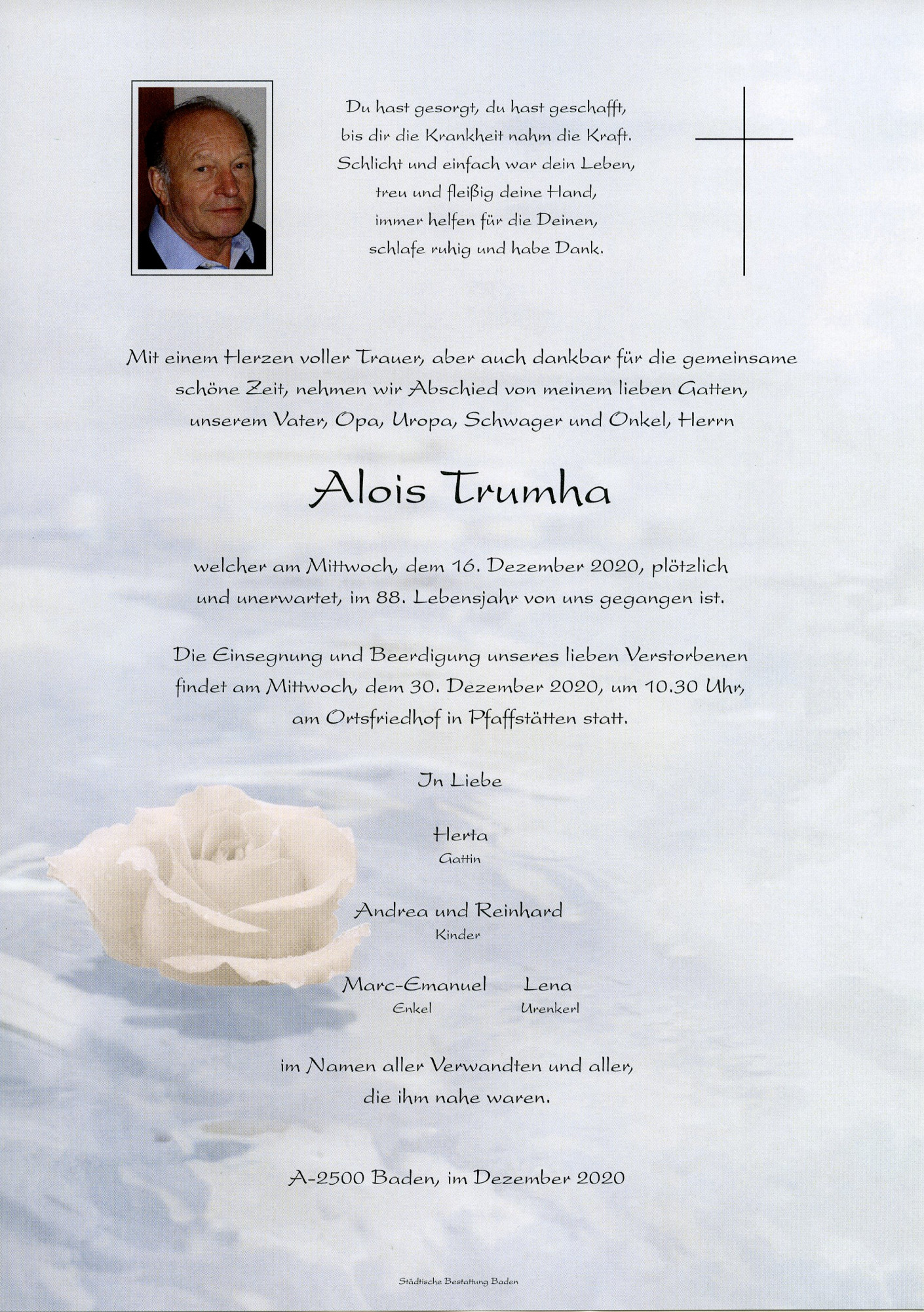 Traueranzeige von Alois Trumha
