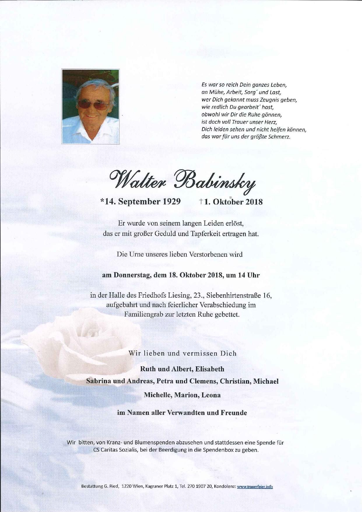 Traueranzeige von Walter Babinsky