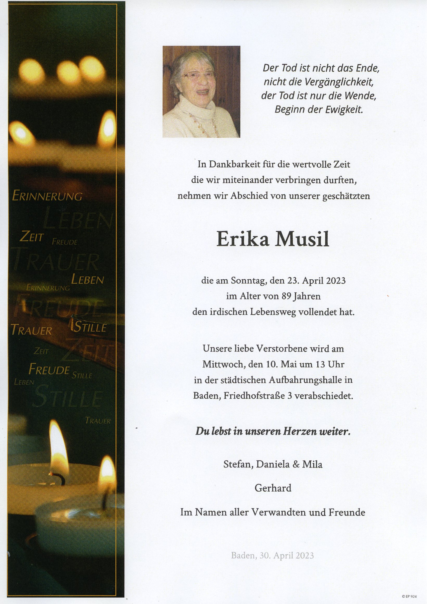 Traueranzeige von Erika Musil