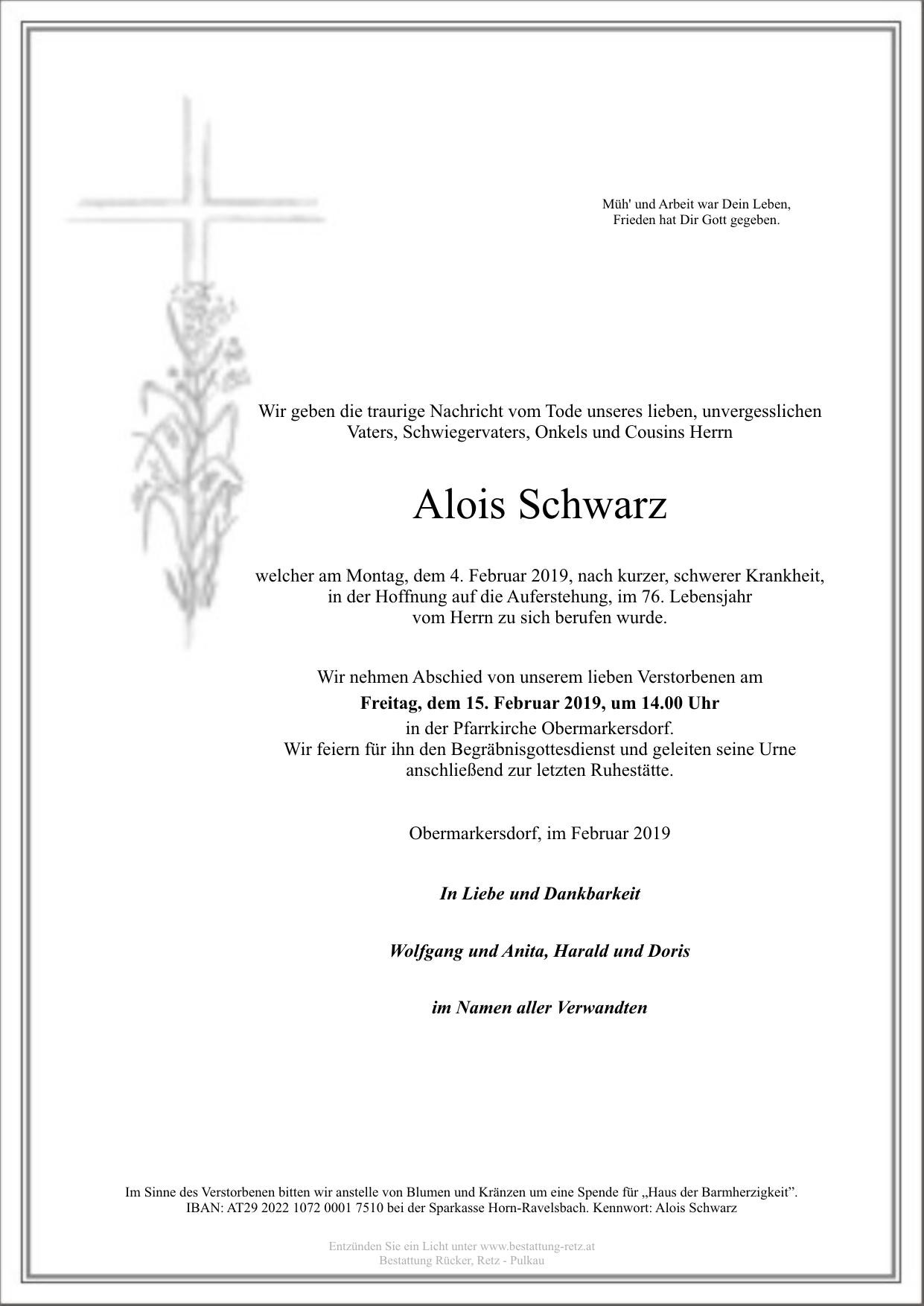 Traueranzeige von Alois Schwarz