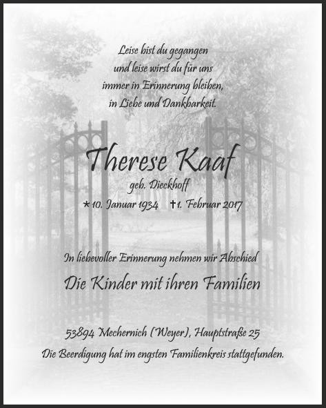 Traueranzeige von Therese Kaaf