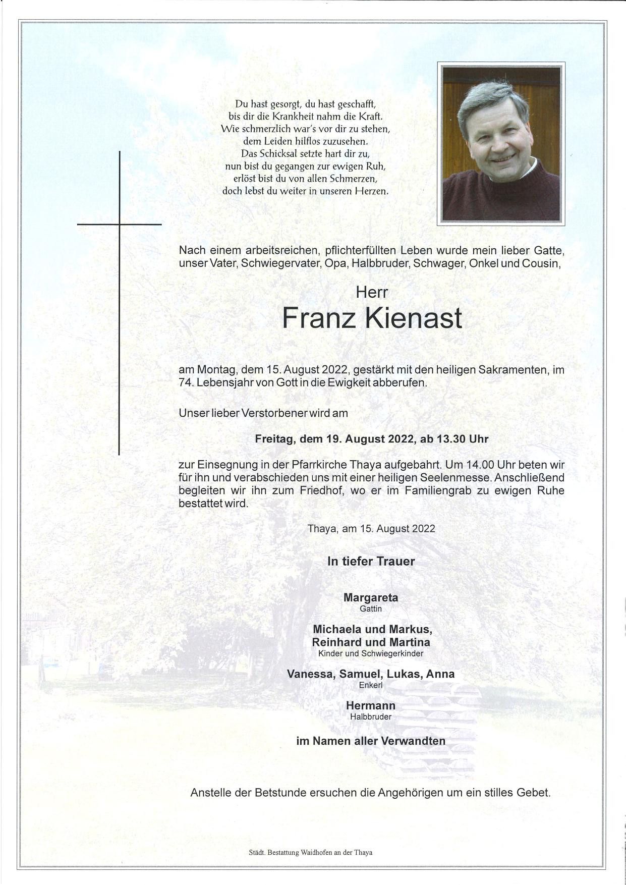 Traueranzeige von Franz Kienast