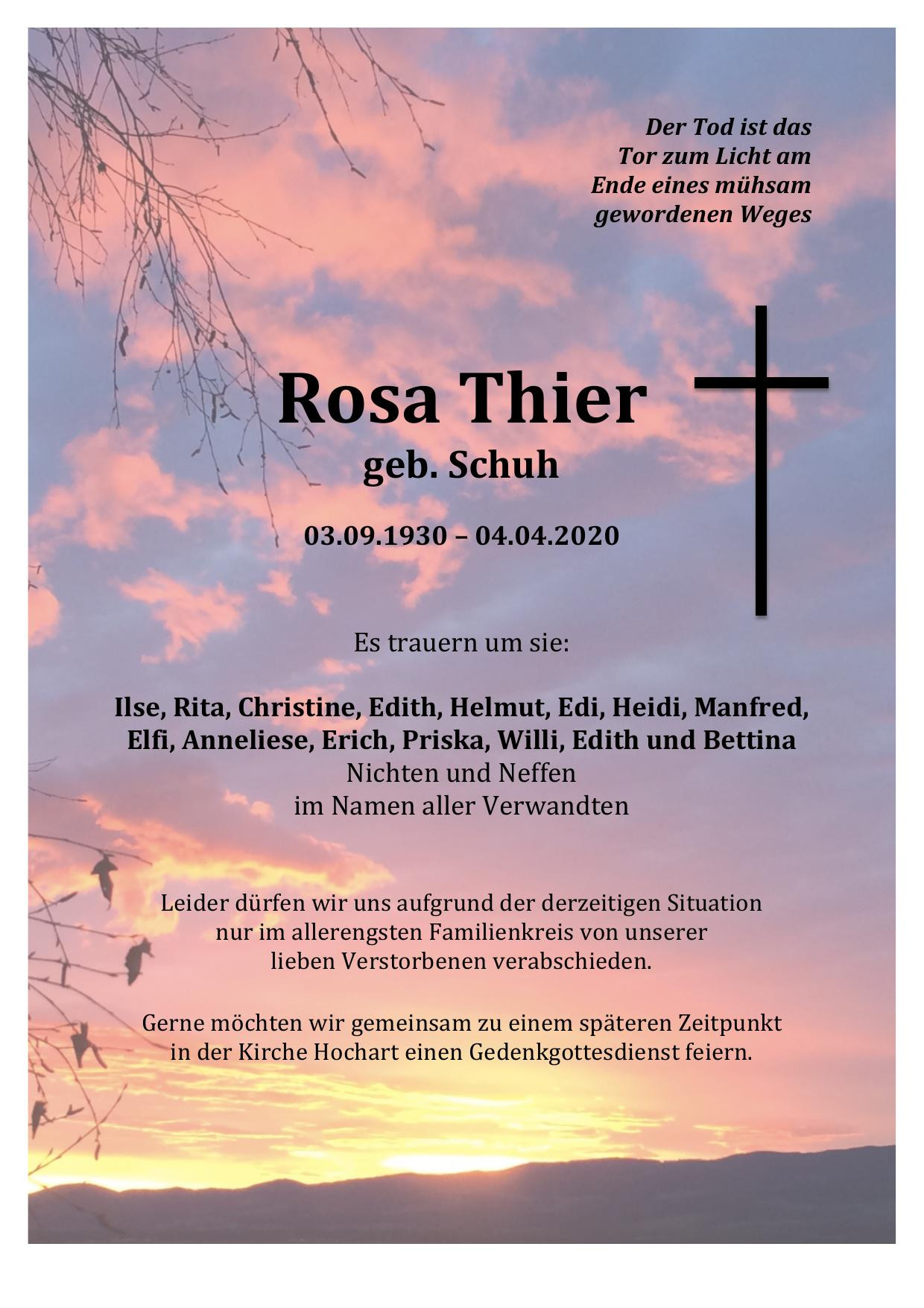 Traueranzeige von Rosa Thier