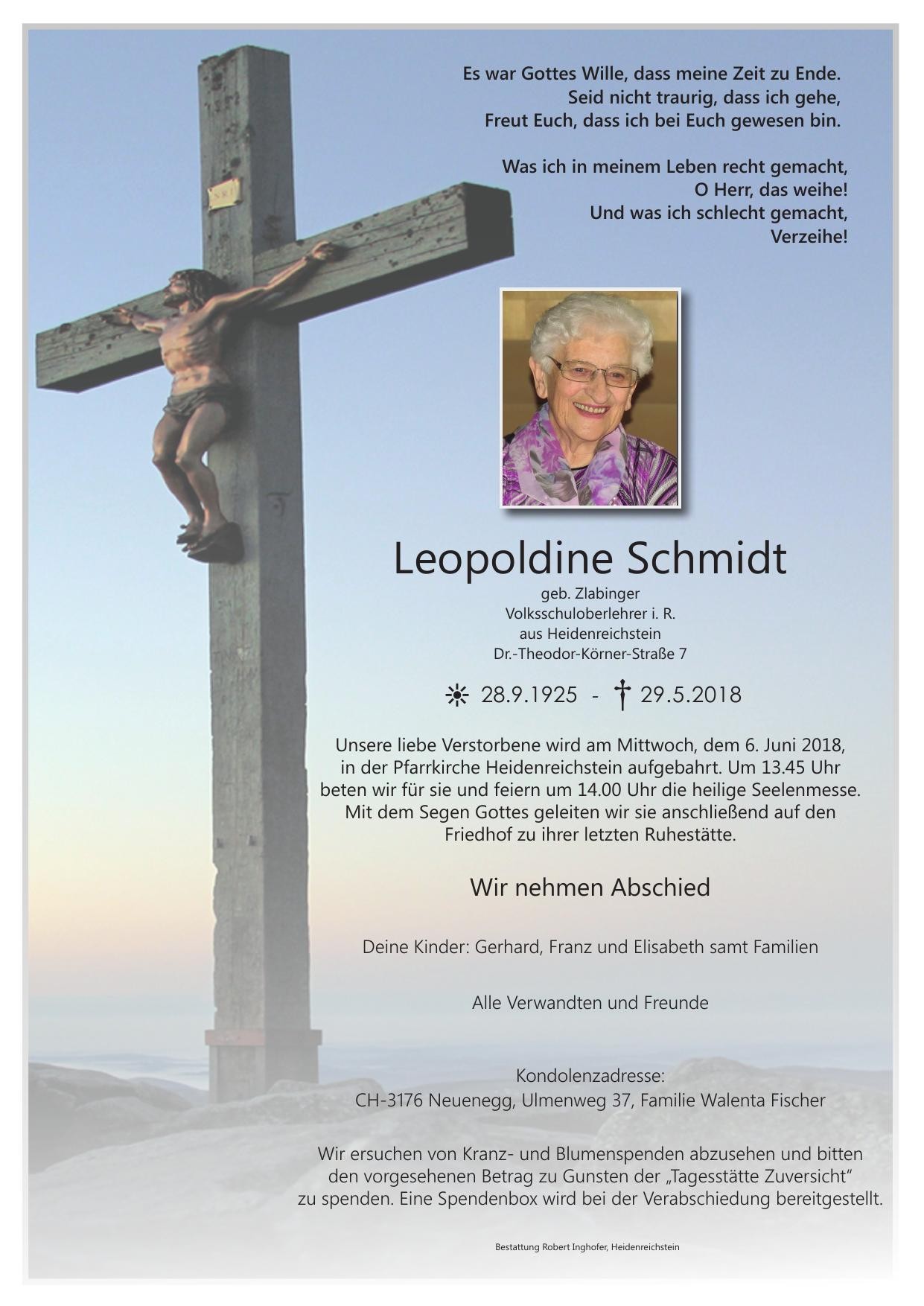 Traueranzeige von Leopoldine Schmidt