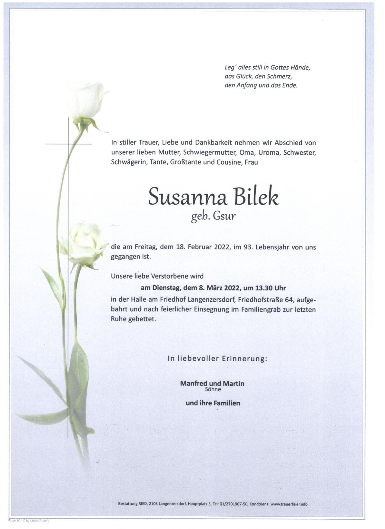 Traueranzeige von Susanna Bilek