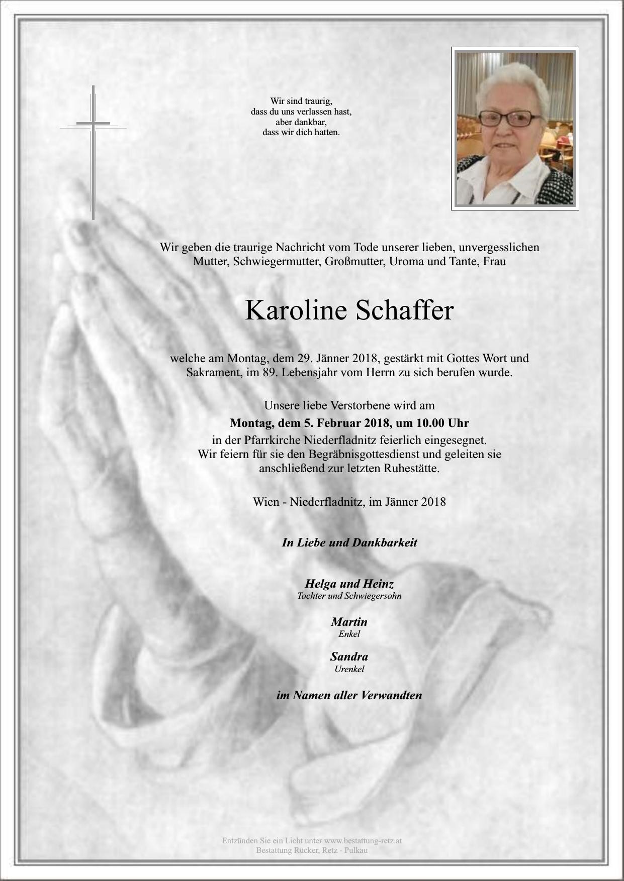 Traueranzeige von Karoline Schaffer