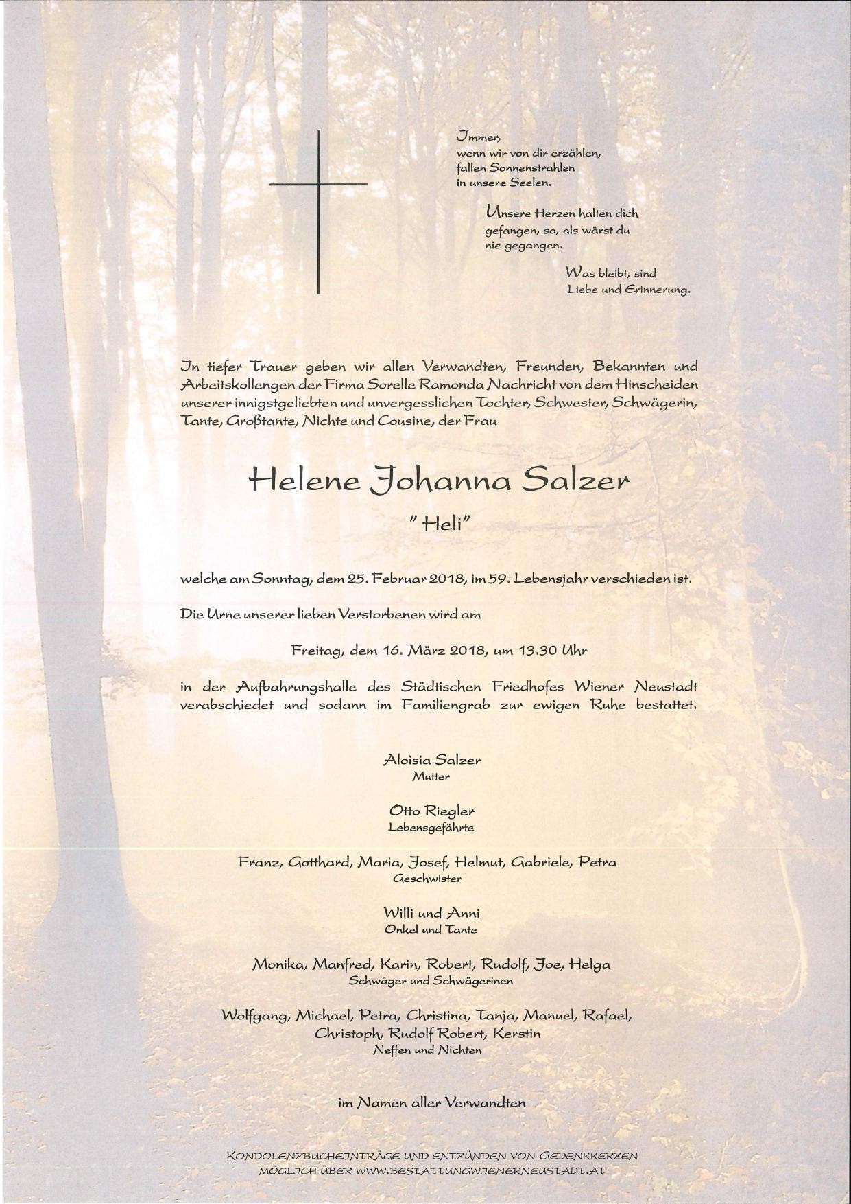 Traueranzeige von Helene Johanna Salzer