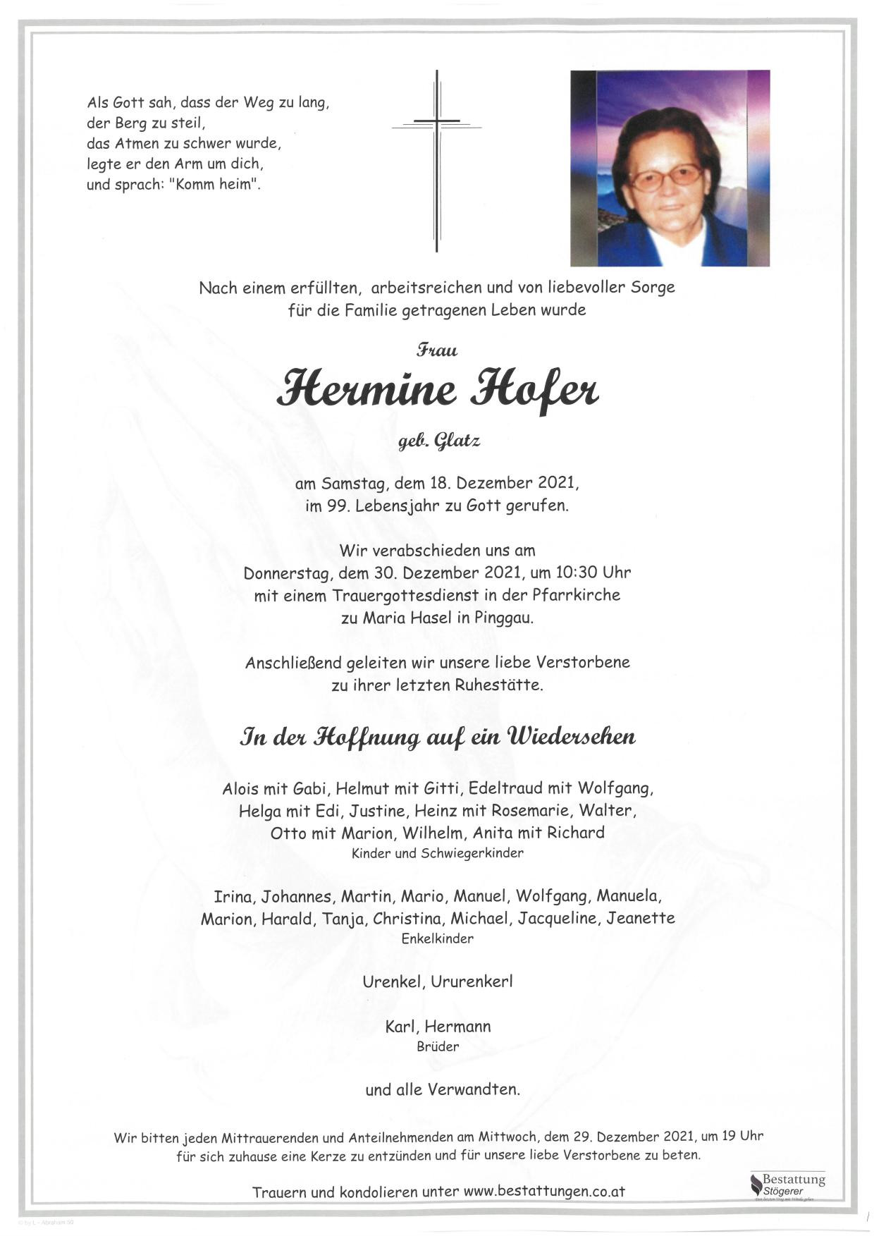 Traueranzeige von Hermine Hofer