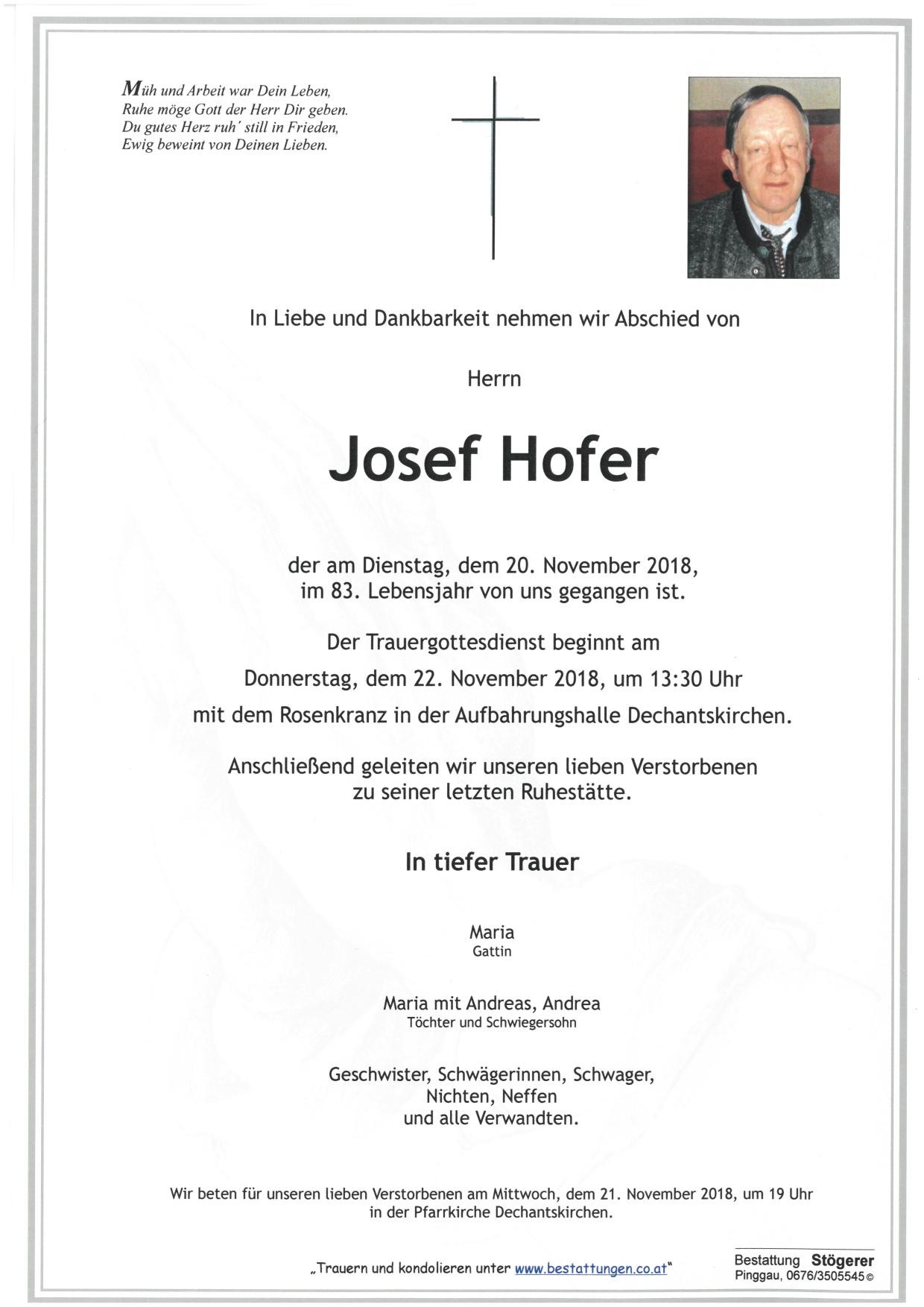 Traueranzeige von Josef Hofer