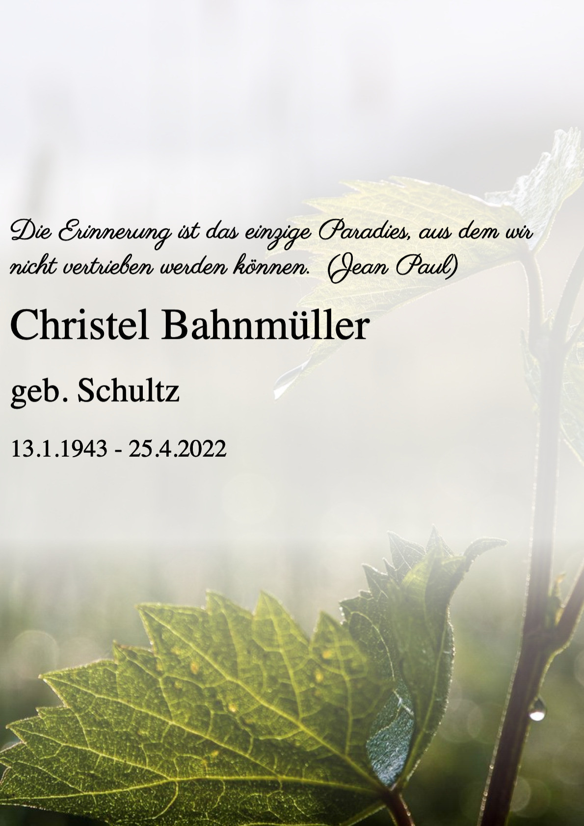 Traueranzeige von Christel Bahnmüller