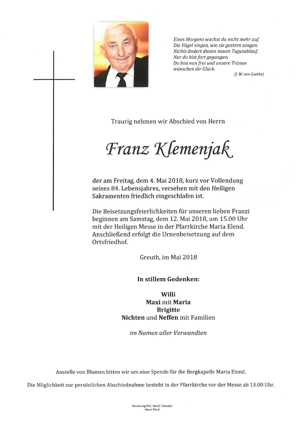 Traueranzeige von Franz Klemenjak