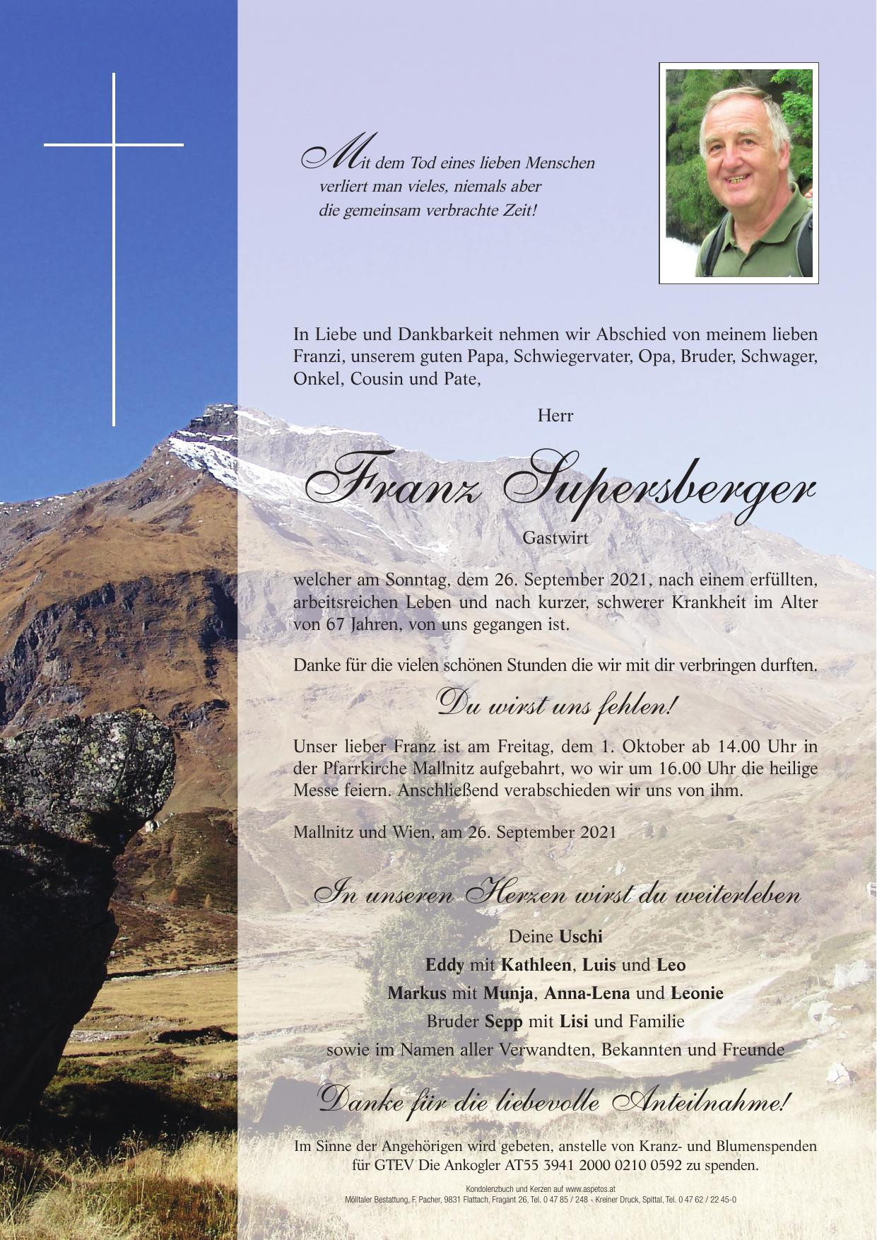 Traueranzeige von Franz Supersberger