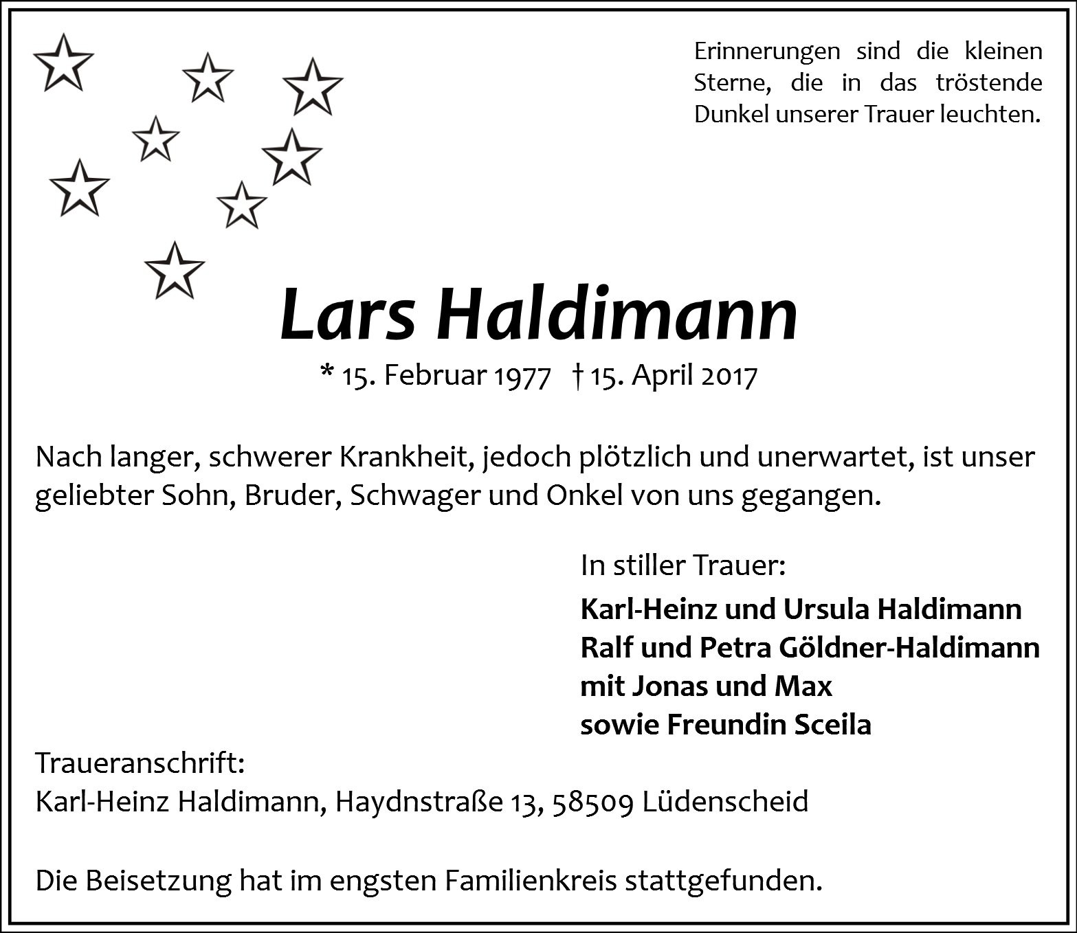Traueranzeige von Lars Haldimann