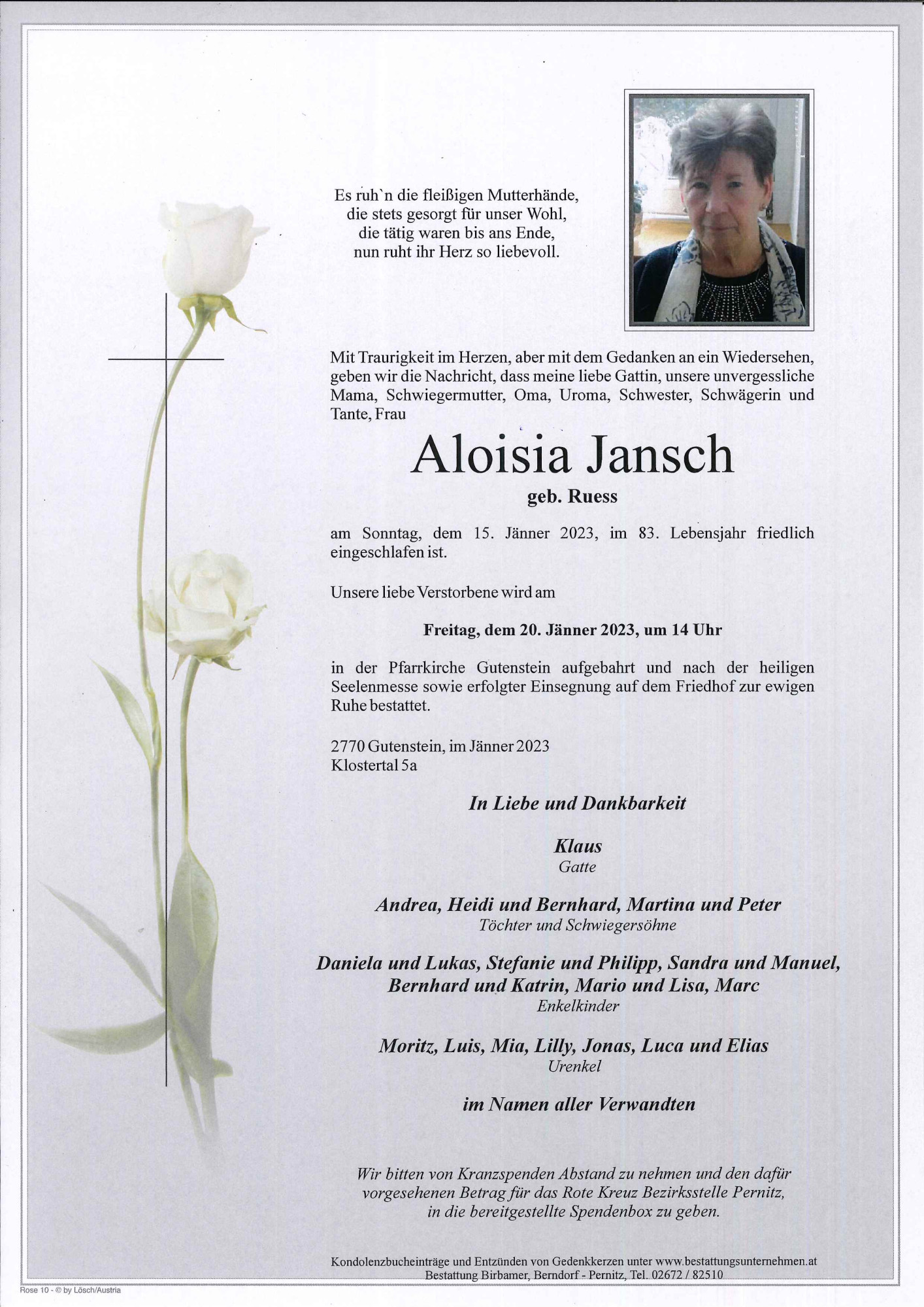 Traueranzeige von Aloisia Jansch