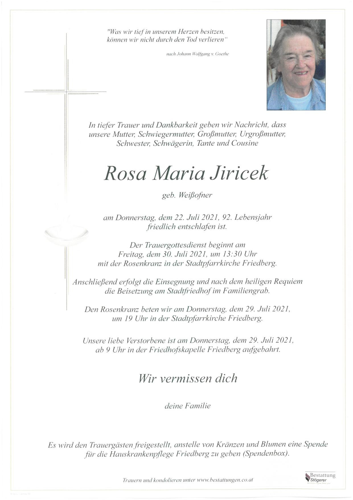 Traueranzeige von Rosa Maria Jiricek