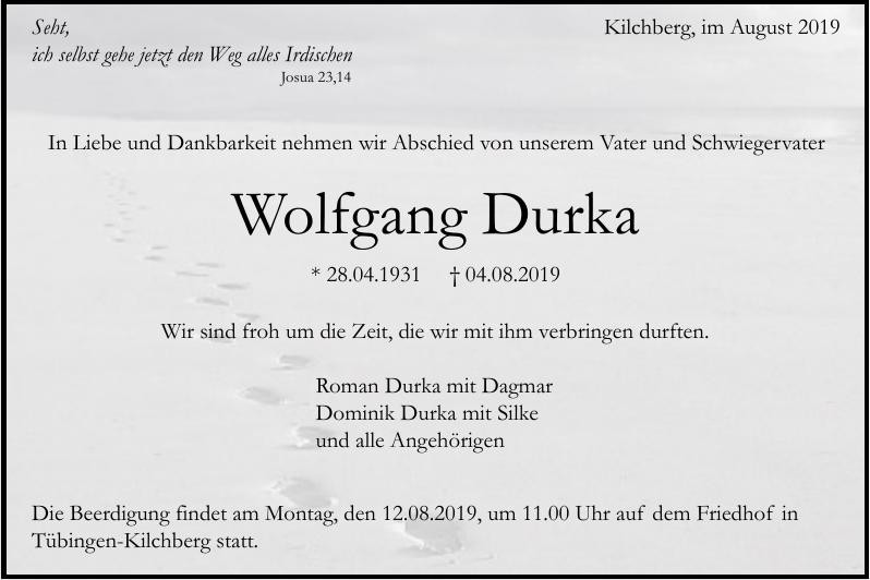 Traueranzeige von Wolfgang Durka