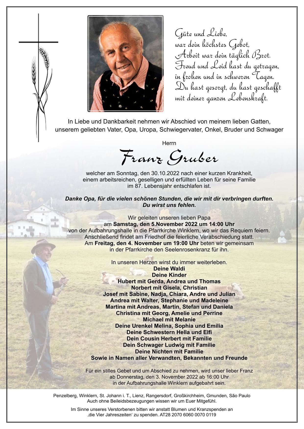 Traueranzeige von Franz Gruber
