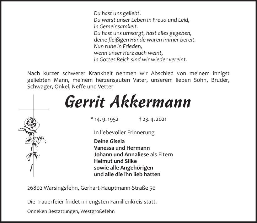 Traueranzeige von Gerrit Akkermann