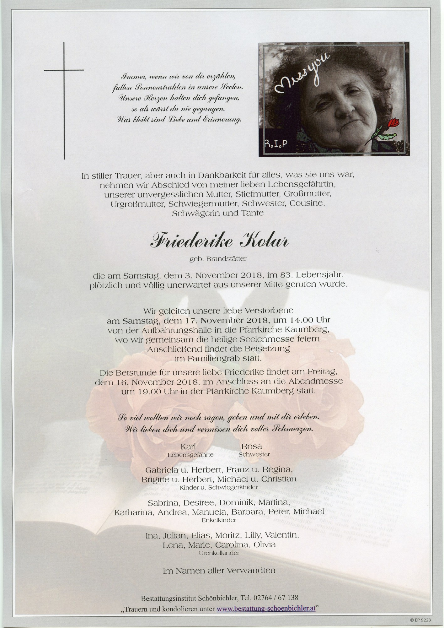 Traueranzeige von Friederike Kolar