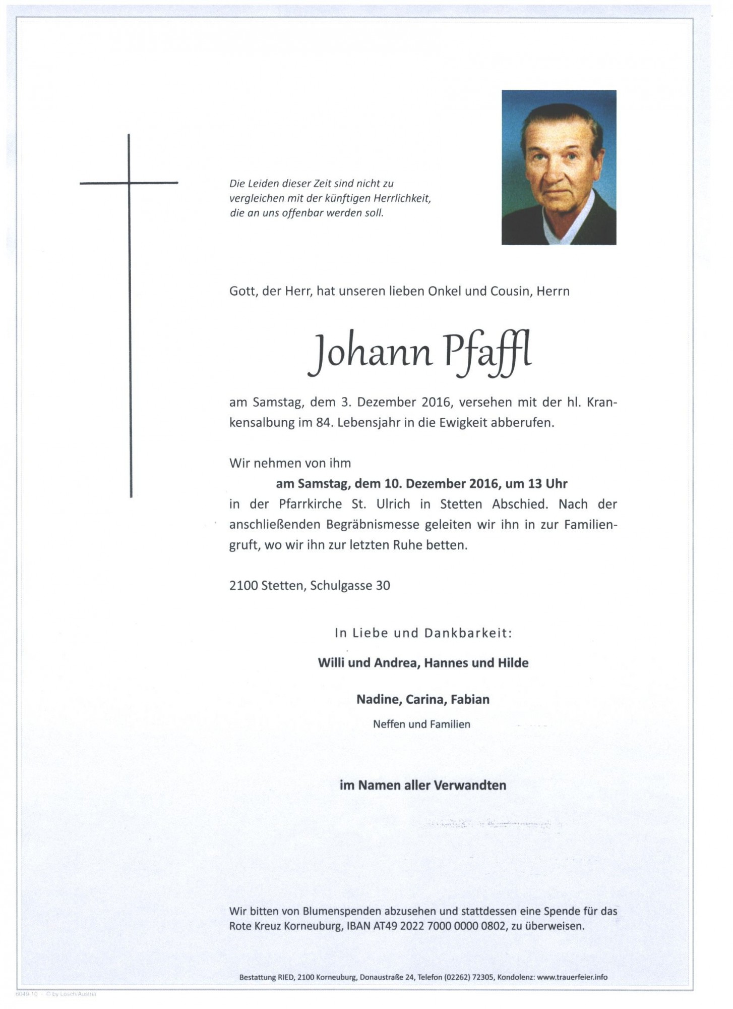 Traueranzeige von Johann Pfaffl