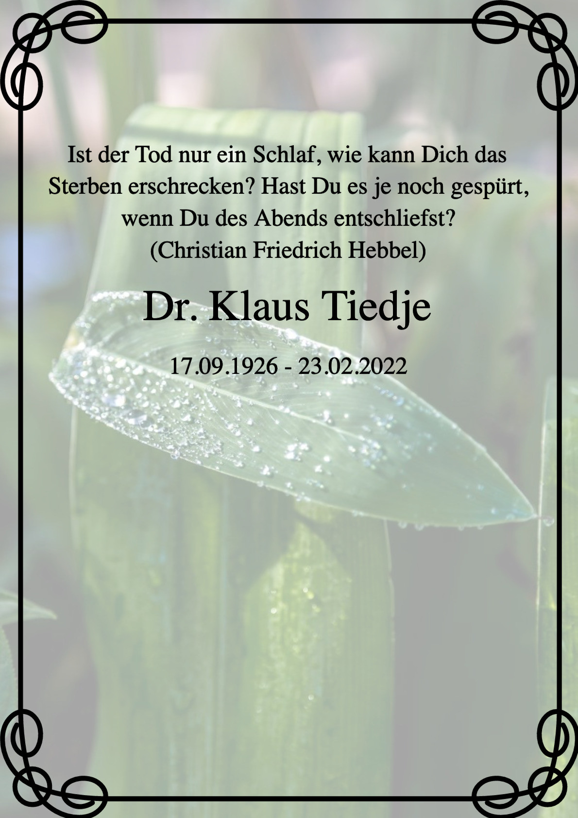Traueranzeige von Dr. Klaus Tiedje