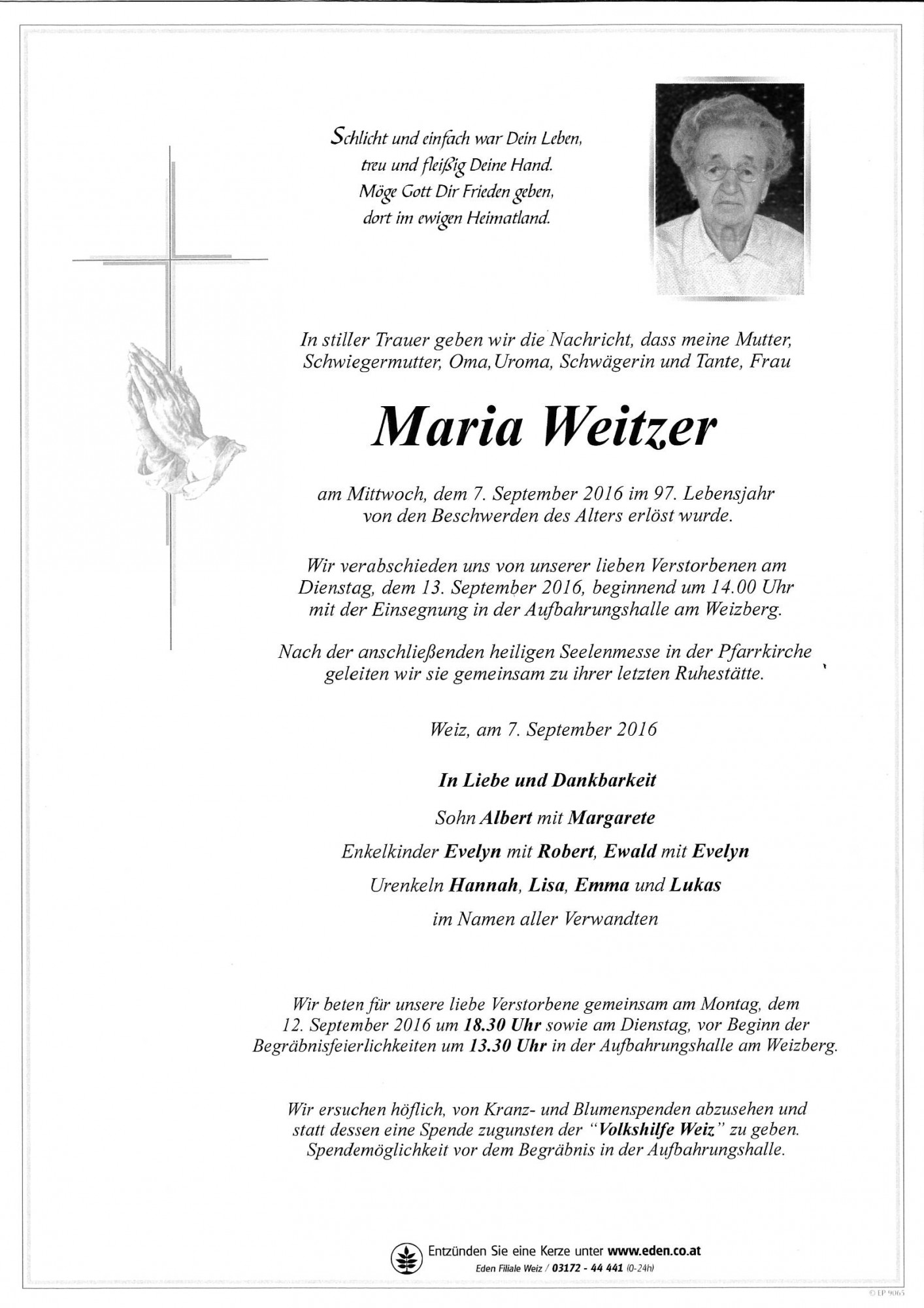 Traueranzeige von Maria Weitzer
