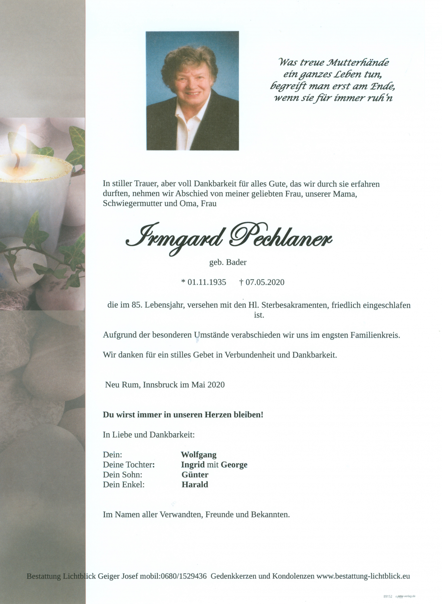 Traueranzeige von Irmgard Pechlaner