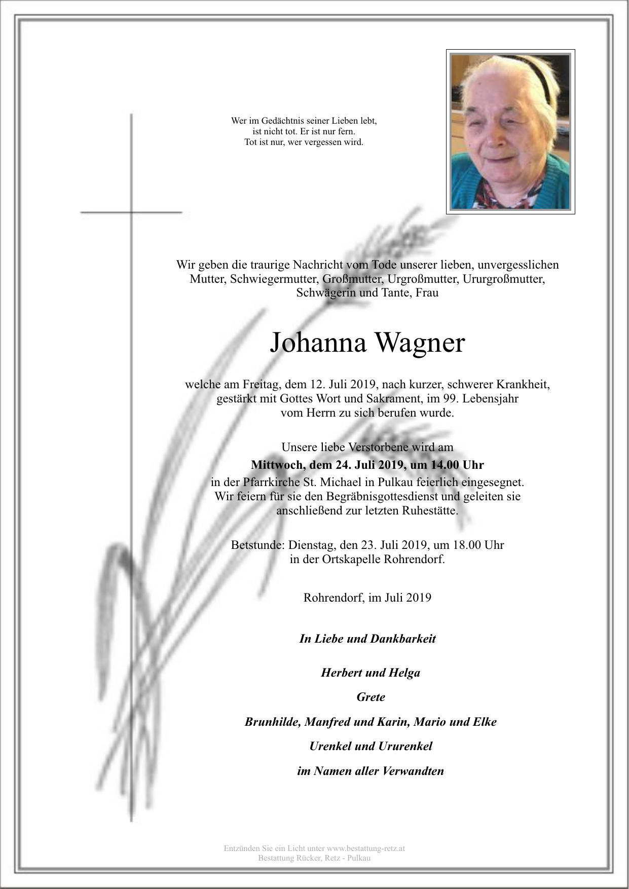 Traueranzeige von Johanna Wagner