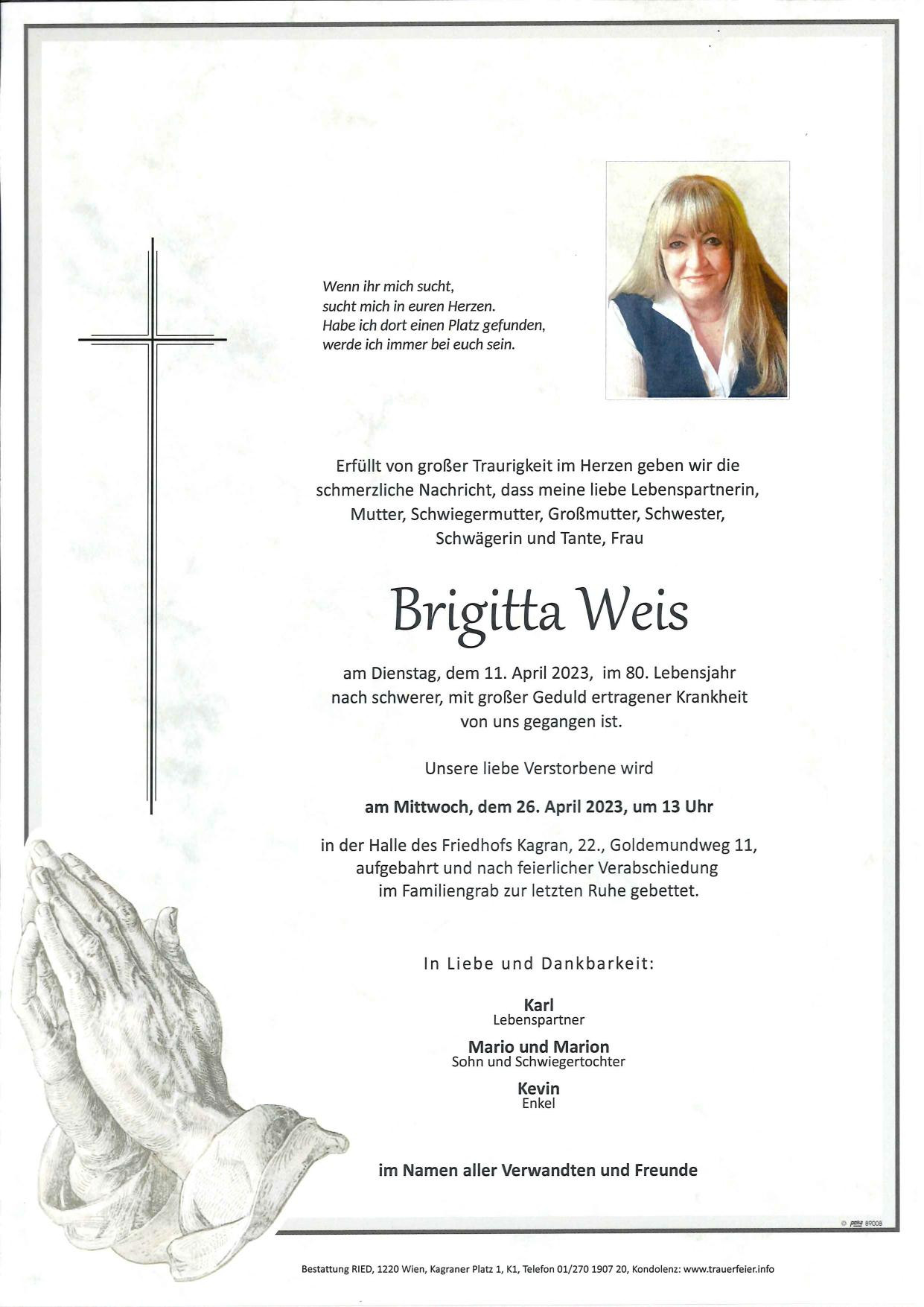 Traueranzeige von Brigitta Weis