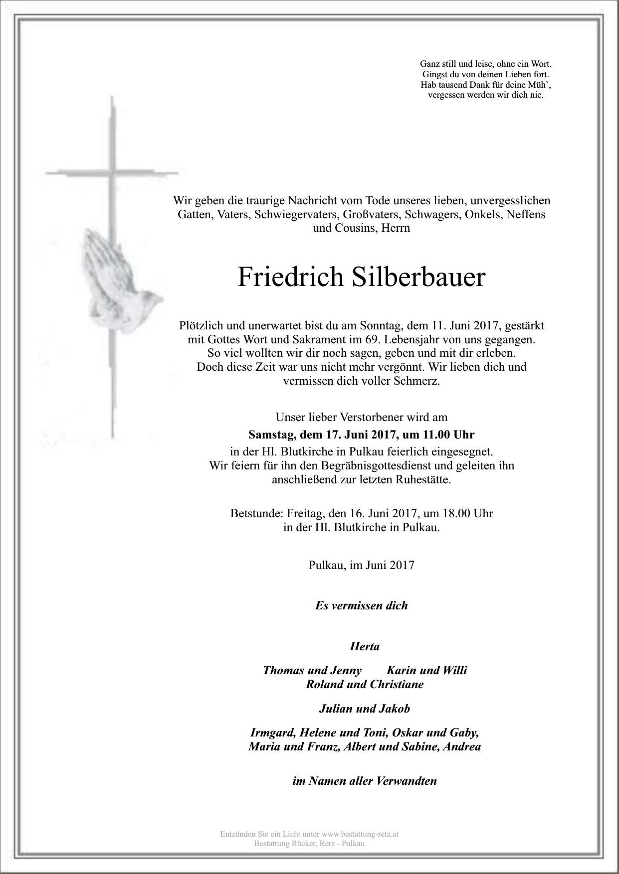Traueranzeige von Friedrich Silberbauer