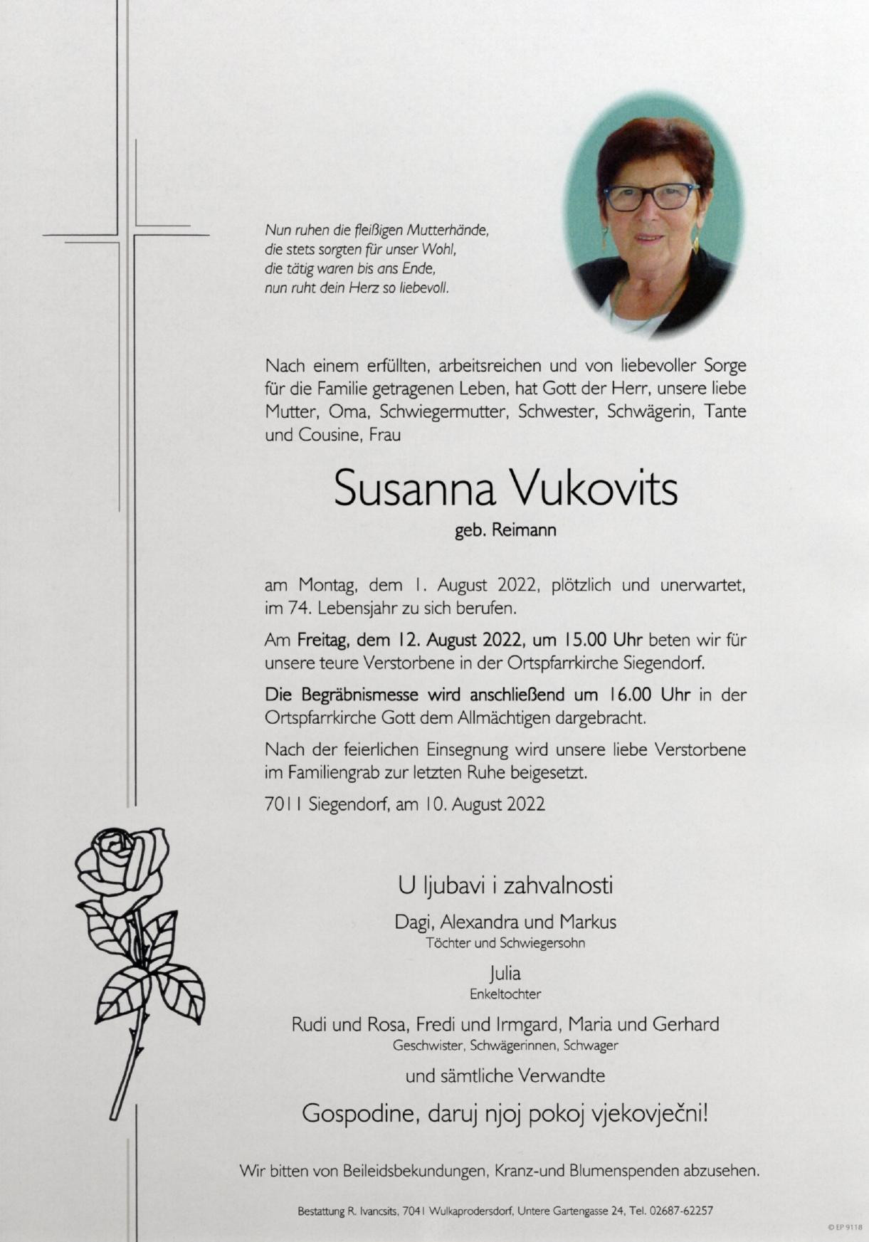 Traueranzeige von Susanna Vukovits