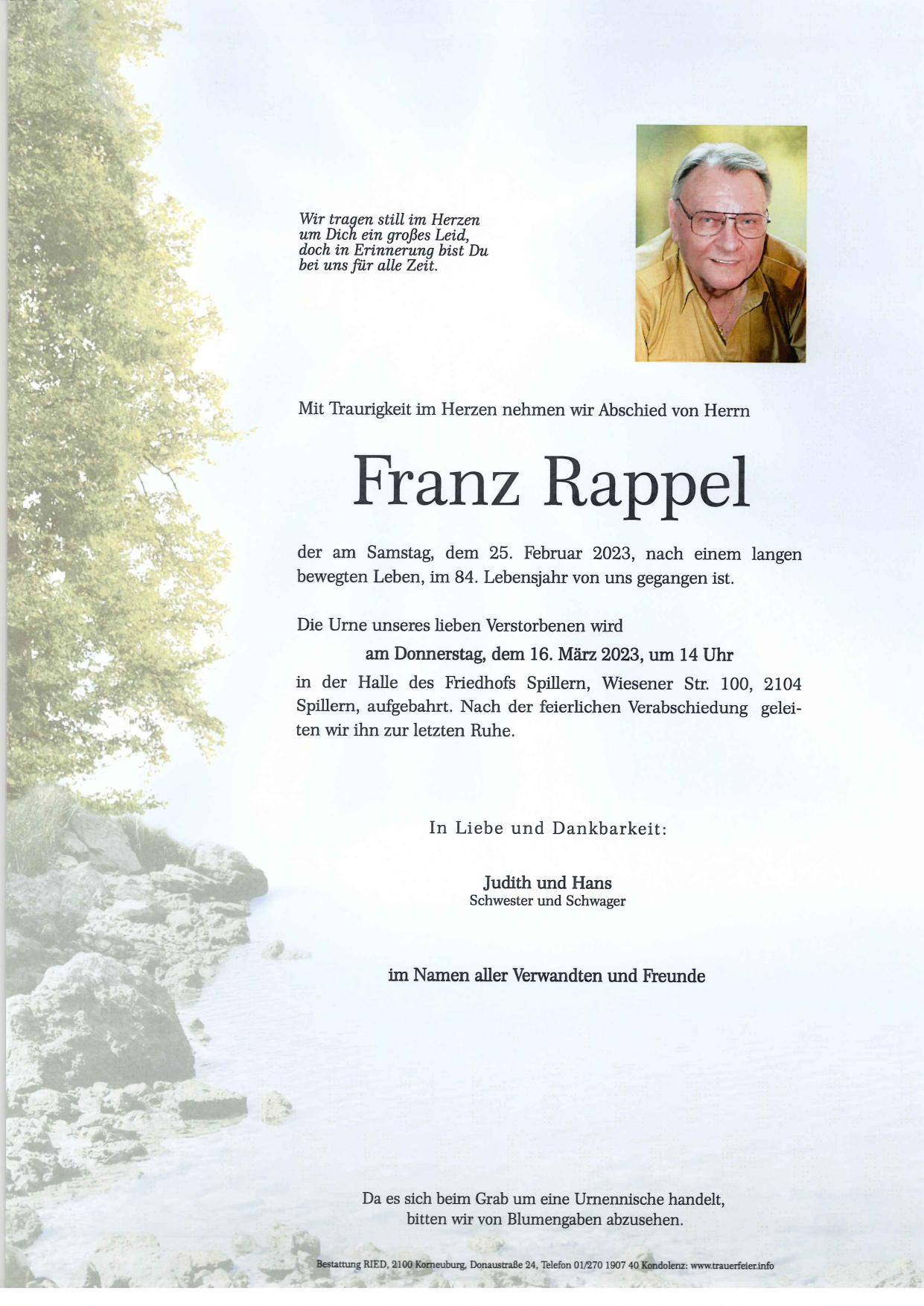Traueranzeige von Franz Rappel