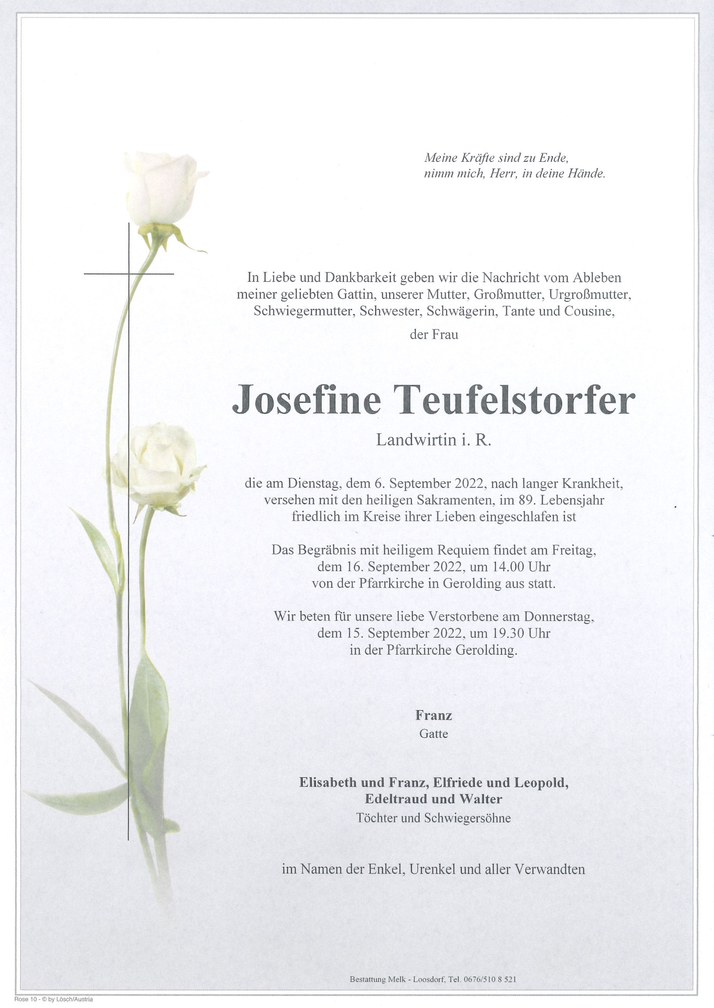Traueranzeige von Josefine Teufelstorfer