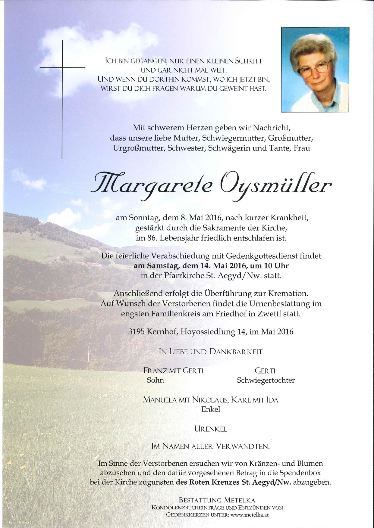 Traueranzeige von Margarete Oysmüller