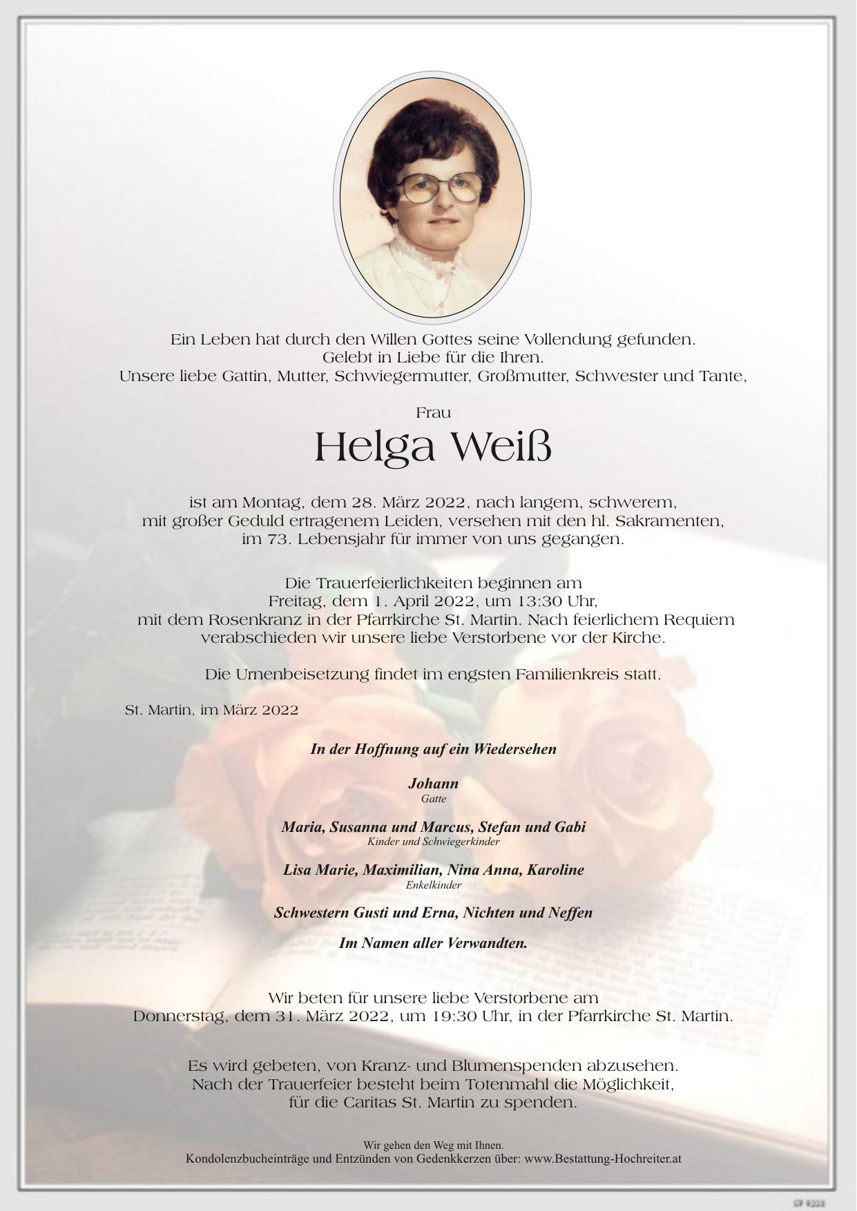 Traueranzeige von Helga Weiß